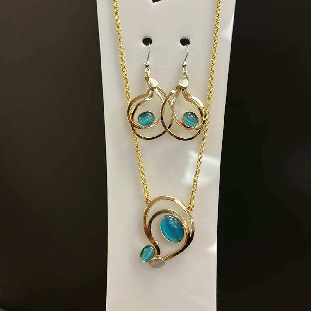 Blue Cat’s Eye on Gold Finish Earrings and Necklace Set - Lighten Up Shop